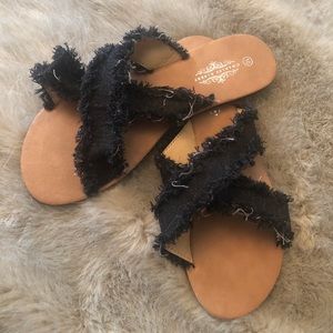 Denim frayed X strap slides
